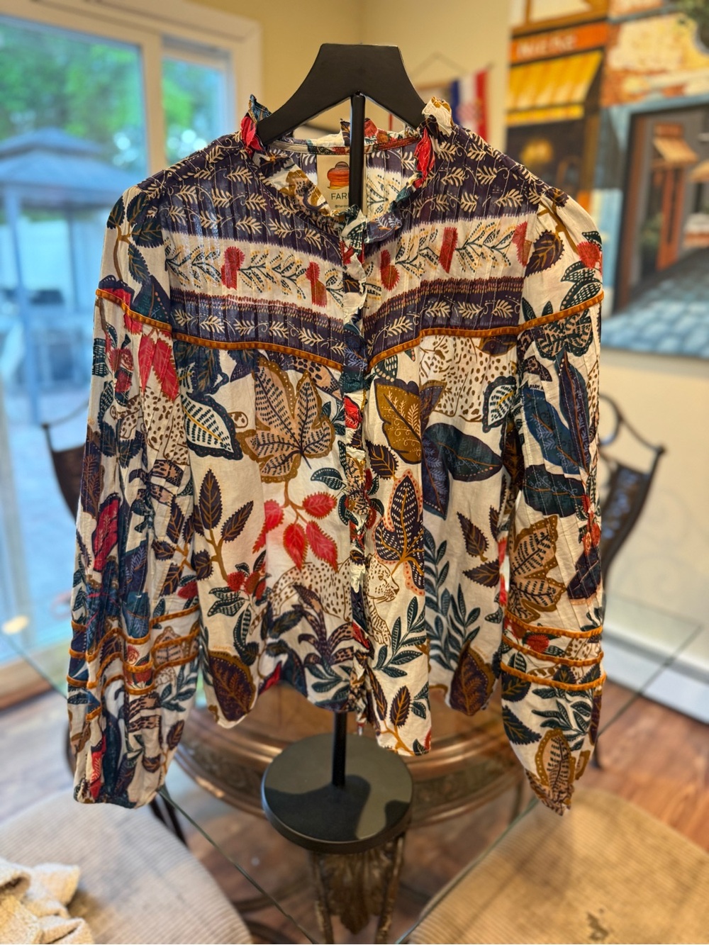 Farm Rio button-down printed top.  Ruffled around neck and pintucked sleeves
